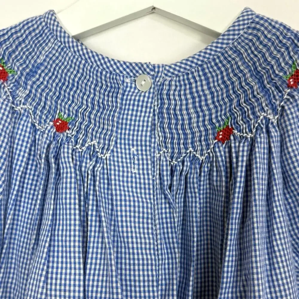 Blue Gingham Smocked Puff-Sleeve Kids Dress